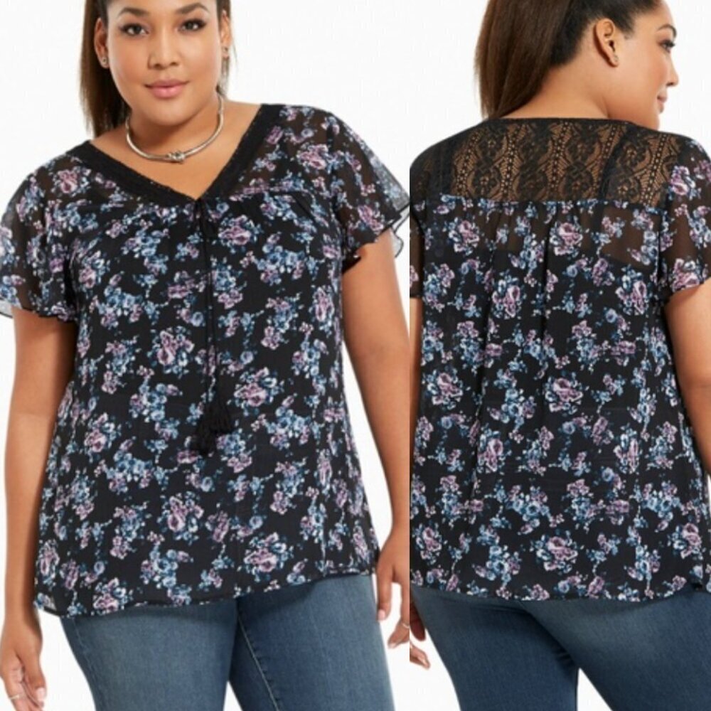 TORRID 3 Plus Size Floral Print Chiffon Crochet Inset Top Black Blue Purple Boho